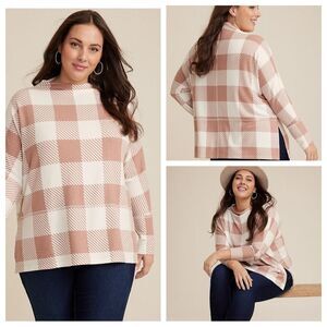 Maurices Wm’s Sz 2X Sylvan Pink Brown Plaid Funnel Neck Soft Tunic Top